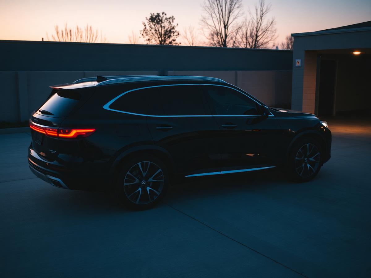 Black SUV with dark ceramic tinted windows at dusk